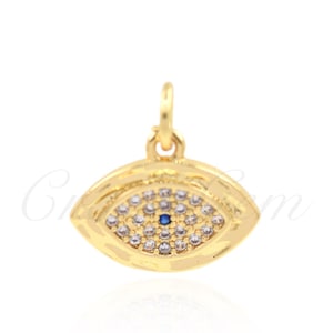 18k Gold Filled Hammered Evil Eye Pendant,CZ Pave Blue Eye Charms,DIY Supplies 14x11mm