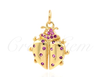 Brass Gold Plated Zircon Ladybug Pendant, Ladybug Charm, Insect Charm, Statement Jewellery, 17x14mm