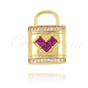 Brass Set Heart Zircon Lock Necklace Connector, Lock Charm, High Jewelry, 21x15x6.5mm