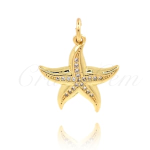 Gold Plated Brass Starfish Pendant with Diamonds, Ocean Jewelry, For DIY Jewelry Making Supplies, 18x17mm