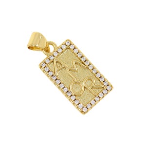 Amor Rectangle Pendant Necklace 18K Gold Filled with Cubic Zirconia Border Love Jewelry for Women 10.5x19.8mm