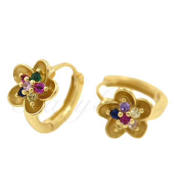 Sleek Minimalist Gold Plum Blossom Hoop Earrings, Adorned with Colorful Zircon, Embrace Nature's Beauty 16x10mm