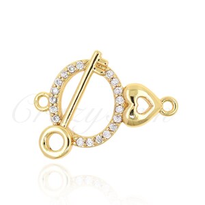Brass Gold Plated Diamond Necklace Connector, Key Charm, Heart Charm, Geometric Jewelry, 23x18mm