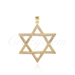 Gold Plated Brass Hexagonal Star Pendant with Diamonds, Hexagonal Star Charm, Star Charm, Celestial Jewelry, 42x35mm