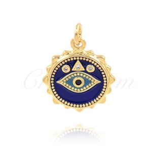 Brass Set Zircon Enamel Evil Eye Pendant, Sun Charm, Evil Eye Charm, High Jewelry, 15mm