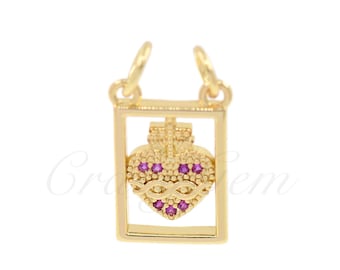 Brass Gold Plated Zircon Heart Cross Necklace Pendant, Heart Charm, Cross Charm, Religious Jewelry, 16x11mm