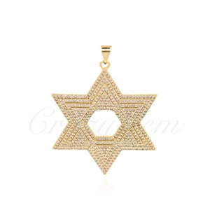 CZ Micro Setting Rhinestone Hexagram Necklace Pendant, Star Charm, Celestial Jewelry, 44x36mm