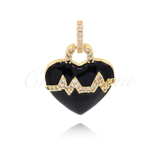Gold Plated Diamond Black Enamel Heart Necklace Pendant for DIY Jewelry Designs, 20x18mm