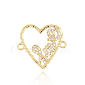18K Filled Gold Diamond Heart Connector, Heart Charm, Valentine&#39;s Day Gift, Gift for Her, 20x18mm