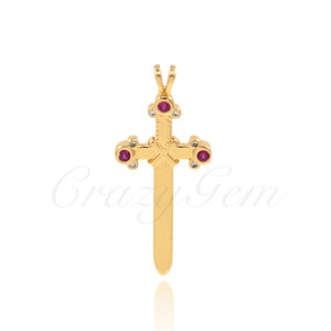 Gold Plated Brass Set with Zircon Sword Necklace Pendant, Delicate Fashion Jewelry for DIY Jewelry Making, 34x14.5mm