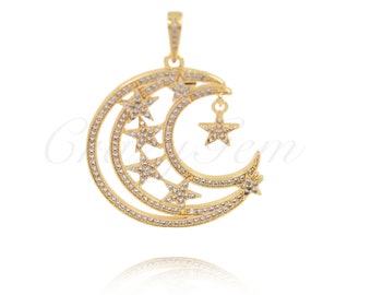 Pingente de estrela da lua em ouro 18K preenchido com diamantes, pingente de lua, pingente de estrela, joias celestiais, 38x33mm