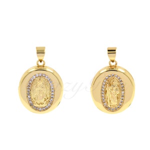 18K Gold Filled Oval Pendant with Diamonds, Virgin Mary Charm, Knight Charm, Religious Jewelry, 22x16x6mm