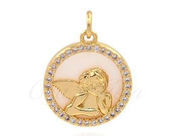 Exquisito colgante circular de oro con un encantador motivo de ángel, regalo para sus seres queridos o un regalo especial para usted 16 mm