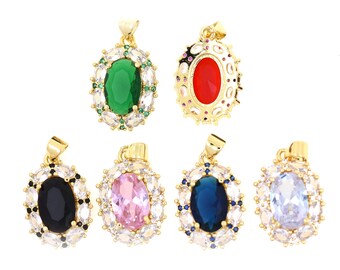 18K Gold Filled Oval Shape Colorful Crystal Connector,CZ Micro Pave Oval Pendant,Geometry Pendant, DIY Jewelry Supplies 21x15mm