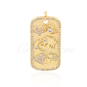 Brass Rectangle Pendant with Diamonds, Elephant Charm, Clover Charm, Star Charm, Moon Charm, Heart Charm, Evil Eye Charm, 28x15mm
