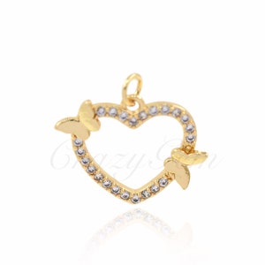 Brass Butterfly Pendant with Diamonds, Heart Butterfly Charm, Insect Jewelry, Heart Jewelry, 23x18mm