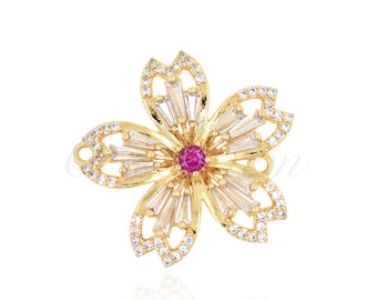 Stylish and Sophisticated Accessories, Brass Gold Plated Zircon Floral Connector, Floral Charm, Garden Jewelry, 28x28mm