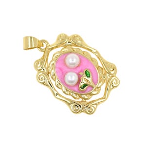 Elegant Floral Pendant 18K Gold Filled Pink Oval Enamel With Pearls Necklace Jewelry 18.1x25.4mm