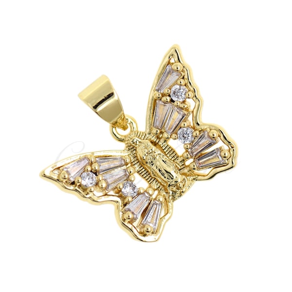 18K Gold Filled Zircon Butterfly Pendant, Virgin Mary Charm, Statement Jewellery, 20x14mm