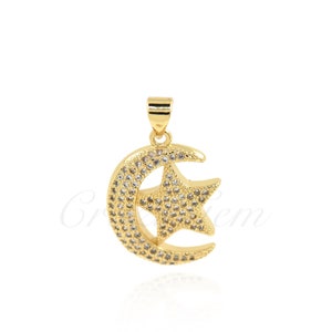 CZ Micro Pave Moon Star Pendant, Moon Charm, Star Charm, Delicate Jewelry, 21x16mm