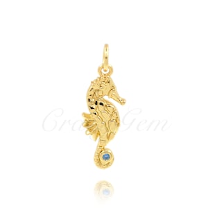 Colgante de collar de caballito de mar zirconia relleno de oro de 18 quilates, amuleto de caballito de mar, joyas de mar, 20x7.5mm