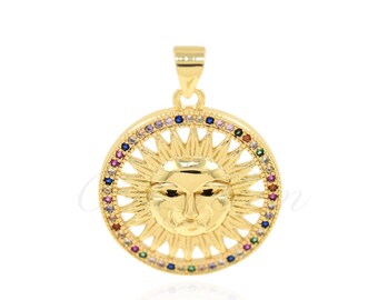 Ciondolo sole in zircone riempito in oro 18 carati, pendente solare rotondo traforato, gioielli celesti, 20mm