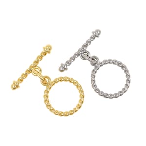 Puede incluir: Dos cierres de palanca metálicos, uno dorado y otro plateado, sobre fondo blanco. Cada cierre presenta un diseño de cuerda trenzada en la barra y el anillo, ideal para la creación de joyas. Perfectos para pulseras y collares.