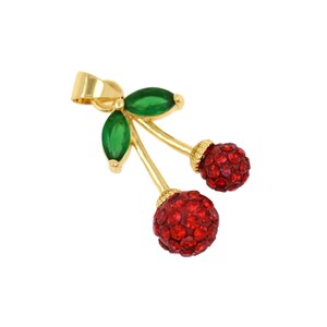 May include: A gold-toned pendant in the shape of cherries. The pendant features two red, gem-studded cherry spheres, green gem leaves, and a gold loop for a chain. The cherries are detailed and eye-catching, perfect for a jewelry collection.