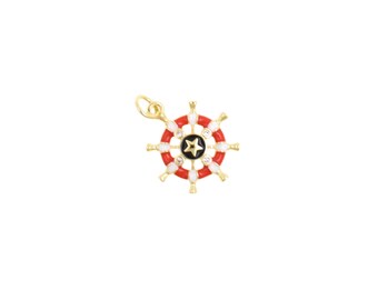 Wasserrad Anhänger - Roter weißer Emaille Anhänger mit goldenen Details und Sternmitte für DIY Schmuck, 15.8 x 18 mm