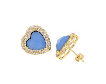 Brass Gold Plated Diamond Heart Stud Earrings, Valentine's Day Gift for DIY Jewelry Designs, 17x16mm