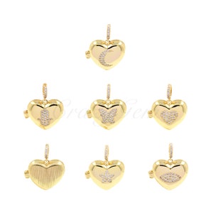 Brass Heart Pendant with Diamonds, Star Charm, Moon Charm, Butterfly Charm, Evil Eye Charm, Hand of Fatima Charm, 23x19x8mm