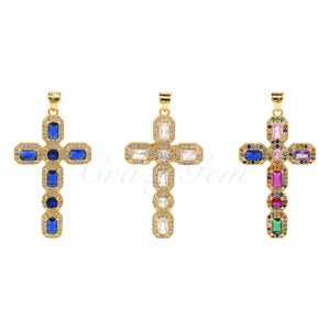 18K Gold Filled Cross Pendant, Colorful Zircon Cross Charm,Jesus Charm, Christian Jewelry,DIY Jewelry Making Supply 23.5x41x3.6mm