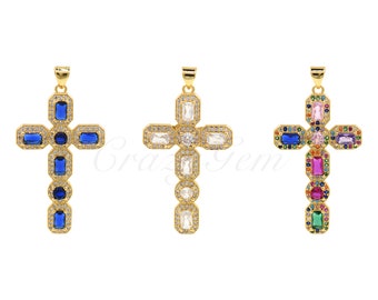 18K Gold Filled Cross Hanger, Kleurrijke Zircon Cross Charm, Jezus Charme, Christelijke Sieraden, DIY Sieraden Making Supply 23.5x41x3.6mm