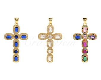 18K Gold Filled Cross Pendant, Colorful Zircon Cross Charm,Jesus Charm, Christian Jewelry,DIY Jewelry Making Supply 23.5x41x3.6mm