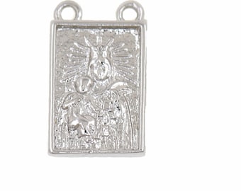 May include: Silver-toned pendant featuring a rectangular design with a raised image of a religious figure. The pendant has two loops at the top for attaching to a chain.