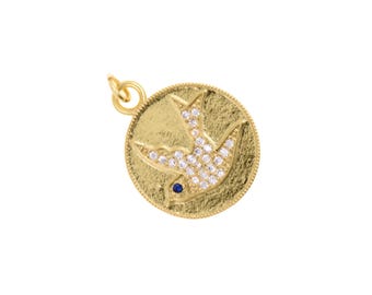 Retro Bird Pendant With Hammered Gold Texture And Crystal Detailing Perfect For Boho And Spiritual Creations,19.5mm