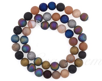 Rainbow Druzy Agate Beads, Round Matte Gemstone Loose Beads,Druzy Beads Natural Druzy Agate Beads for Jewelry Making