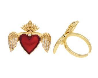 Winged Heart Memorial Ring,Fallen Angel -In Memory of - Angel Ring - Wing Jewelry,Valentines Day And Mothers Day Gift,29.5x24.5mm