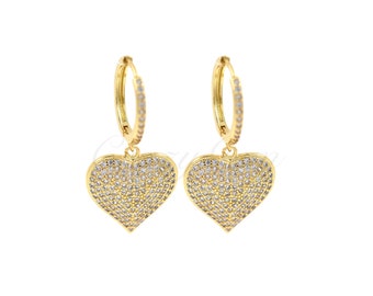 Brass Gold Plated Diamond Heart Stud Earrings, Valentine's Day Gift for DIY Jewelry Designs, 21x19-----18x2mm