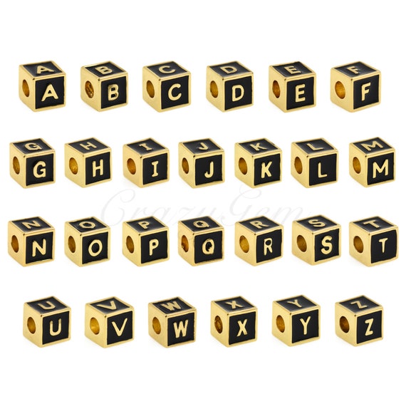 Black Enamel Cube Initial Alphabet Beads for Bracelets and Jewelry Making 6x6mm