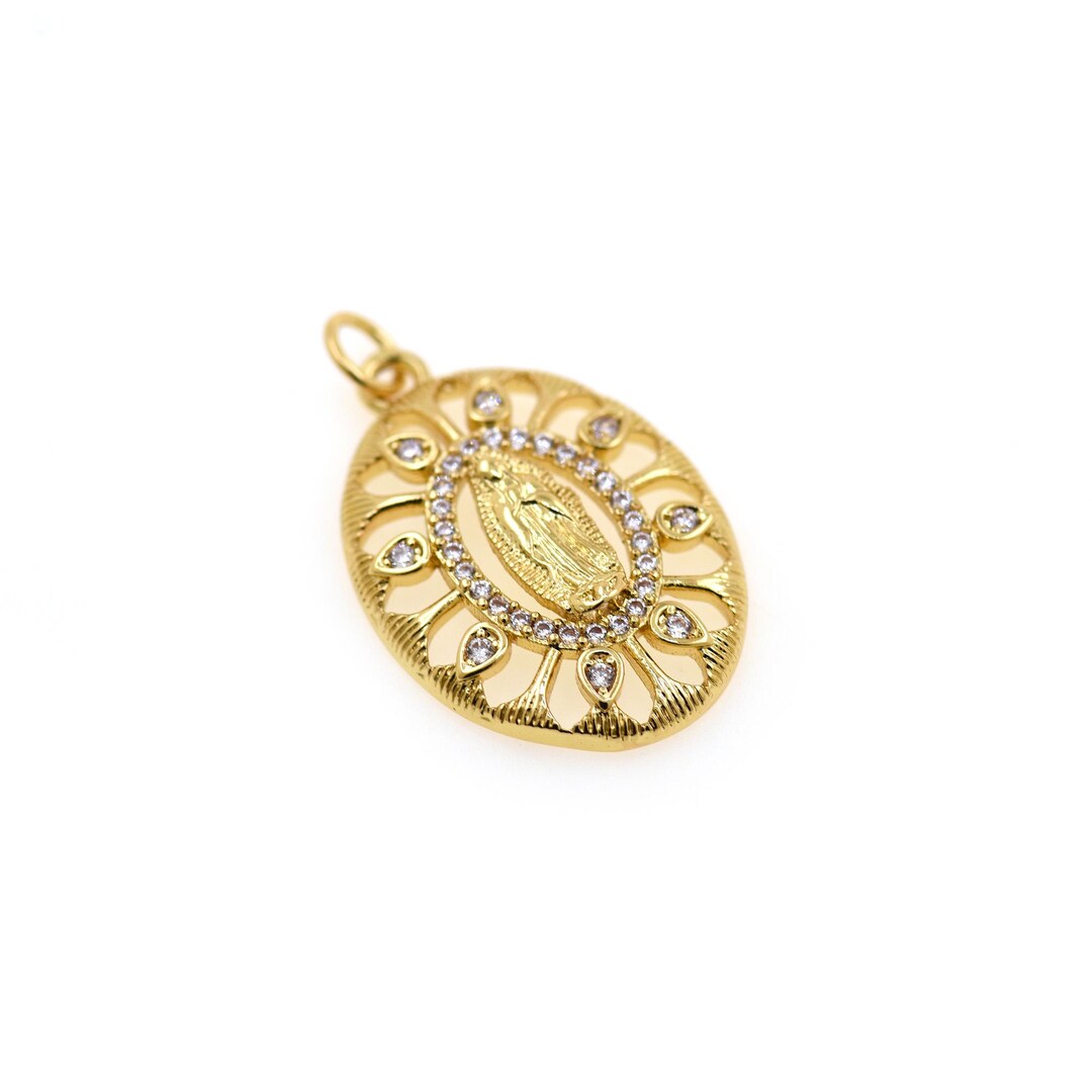 Gold Virgin Mary Pendant With CZ Halo and Hollow Oval Frame