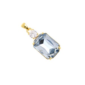 May include: A gold-colored pendant featuring a large, rectangular, light blue gemstone and a smaller, round, clear gemstone. The pendant has a simple, elegant design, suitable for various occasions.