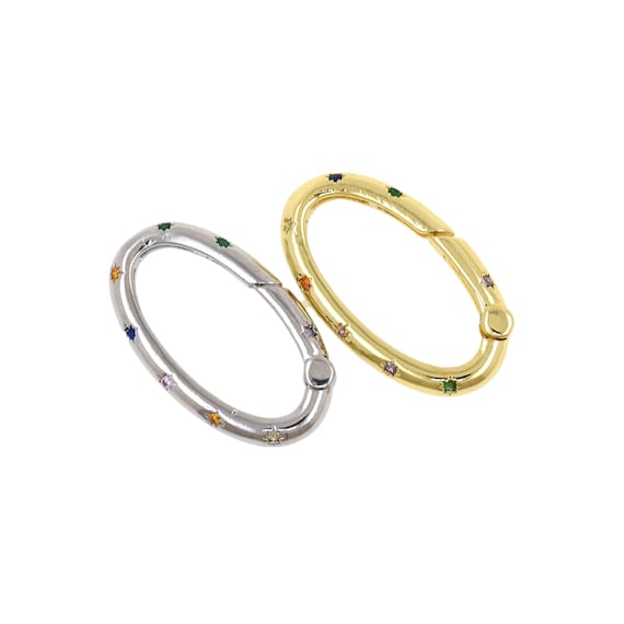 Vertical Oval Carabiner Connector with Multi Color CZ in 18K Gold Filled Finish for Jewelry Supplies 15.5x27mm