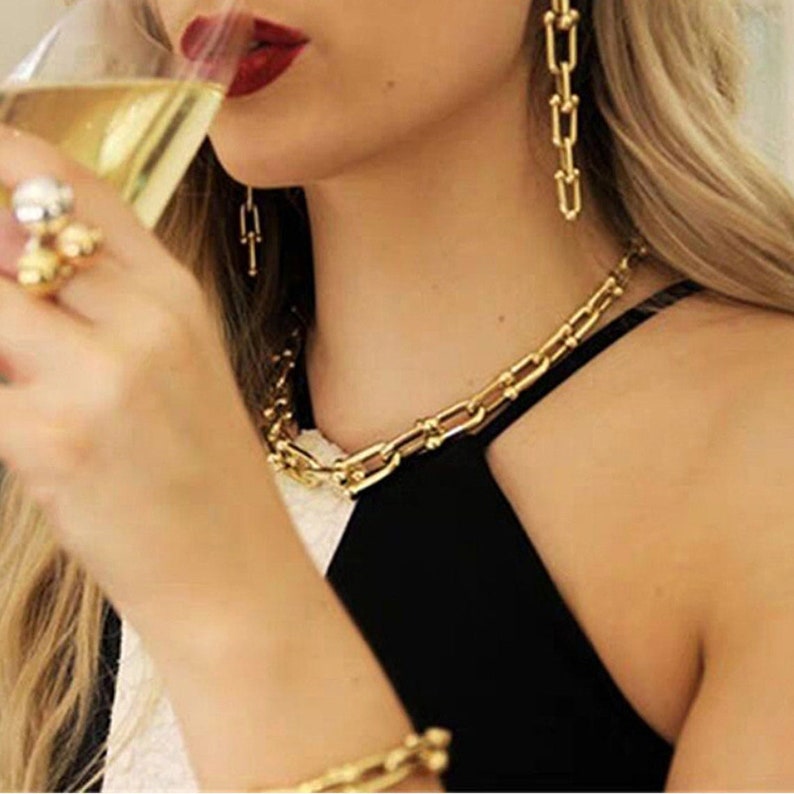 Thick 18k Gold Link Chain Necklace,Toggle Clasp Chain Necklace,Multi-strand Choker,Chunky Chain Necklace,Thick Chain,Link Chain Choker