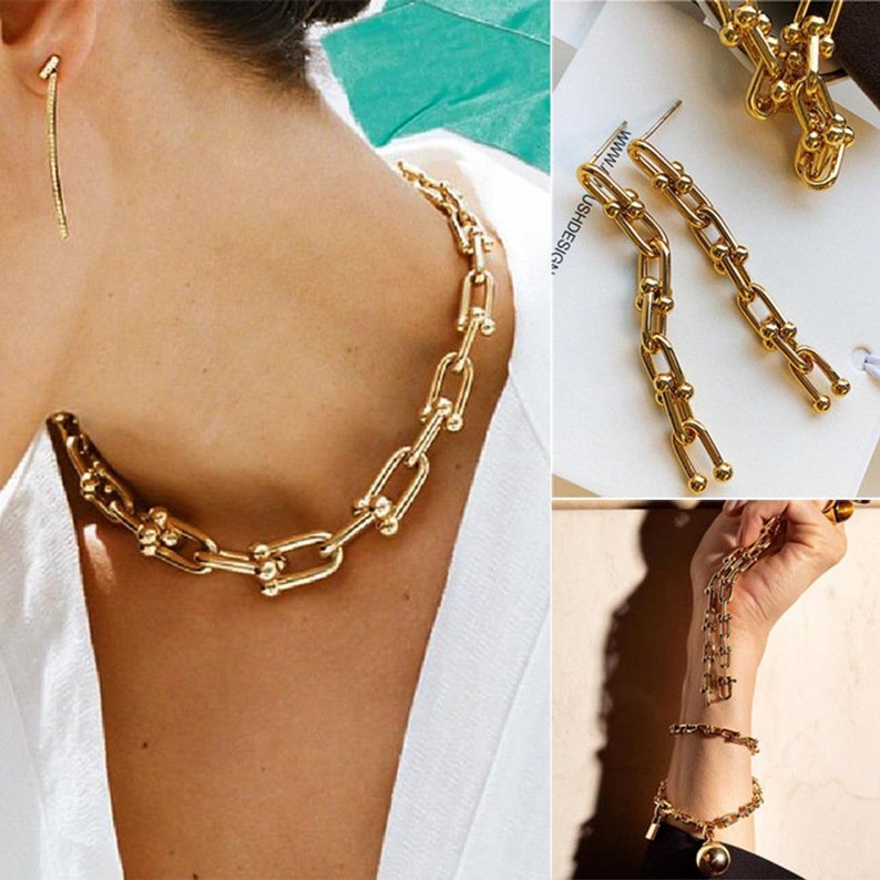 Thick 18k Gold Link Chain Necklace,Toggle Clasp Chain Necklace,Multi-strand Choker,Chunky Chain Necklace,Thick Chain,Link Chain Choker