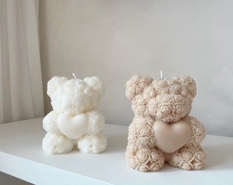 Heart Flower Teddy Bear Candle | Handmade Soy Wax Gift