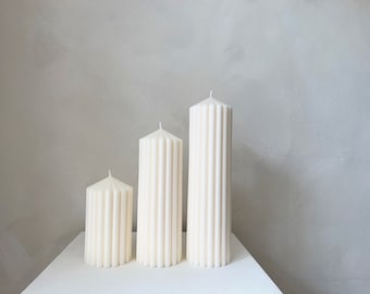 Handmade Ribbed Pillar Candle | Beige Home Decor