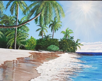 Coastal Painting, Tropical Beach Painting, Tropical Island, Island Palm Tree, Ocean Artwork, Seashore Art, Tropical Island Beach Painting