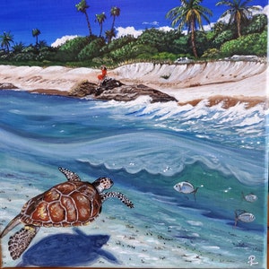 Sea Turtle Painting, Ocean Life Art, Tropical Island Paradise, Ocean Waves Seashore, Sea Turtle Art, Island Seashore Painting Turtle Artwork