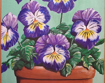 Pansy Painting Original Artwork, Purple & Blue Flowers in Terracotta Pot, Flower Paintings Home Decor, Donna Liguria Floral Art